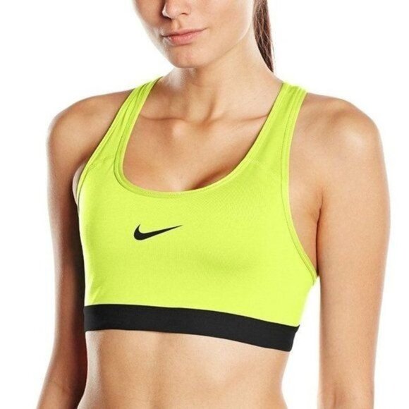 Nike Pro Classic Swoosh Dri-Fit Sports Bra Medium Support Neon Yellow Black XS - Picture 1 of 10